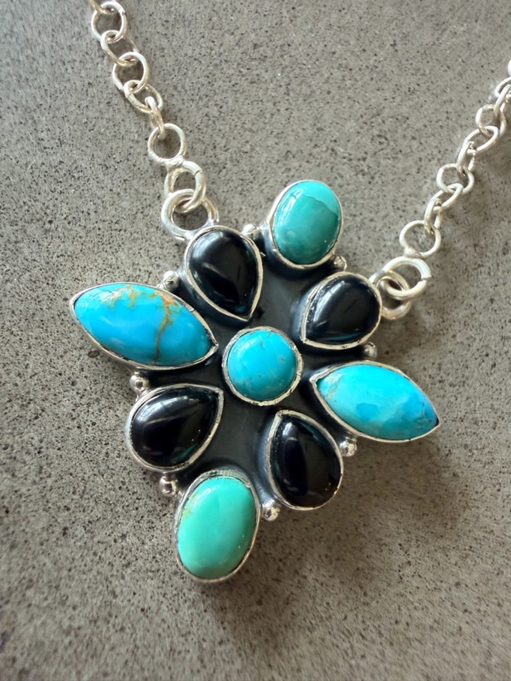 Turquoise & Onyx Southwestern Pendant Necklace | 16” 925 Sterling Silver | New